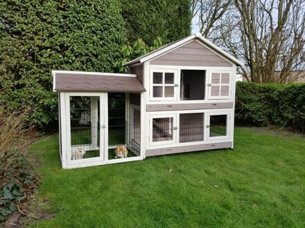 konijnenhok Sisi met ren - Konijnenhok - 200x67x133 cm - Grijs/wit - Groot - 200x67x133 cm - Grijs/wit - Groot