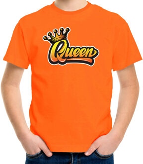 Koningsdag shirt oranje voor kinderen/ meisjes - Queen met kroon S (122-128) - Feestshirts