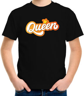 Koningsdag shirt zwart voor kinderen/ meisjes - Queen met kroon M (134-140) - Feestshirts