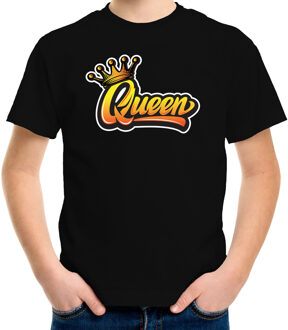 Koningsdag shirt zwart voor kinderen/ meisjes - Queen met kroon XS (110-116) - Feestshirts