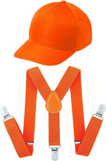 Koningsdag/sport verkleed set compleet - baseballcap en bretels - oranje - heren/dames