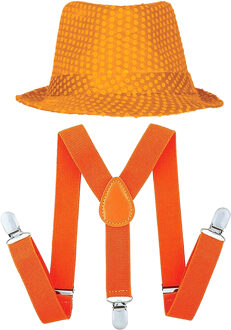 Koningsdag/Sport verkleed set compleet - hoedje en bretels - oranje - heren/dames