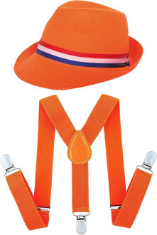 Koningsdag/Sport verkleed set compleet - hoedje en bretels - oranje - heren/dames