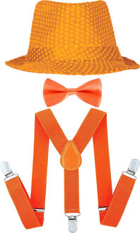 Koningsdag/Sport verkleed set compleet - hoedje/strikje/bretels - oranje - heren/dames