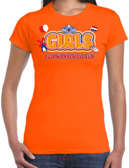 Koningsdag T-shirt dames - girls just wanna have fun - oranje - feestkleding M