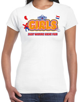 Koningsdag T-shirt dames - girls just wanna have fun - wit - feestkleding XS