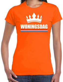 Koningsdag t-shirt Woningsdag met witte kroon oranje voor dames - Woningsdag - thuisblijvers / Kingsday thuis vieren XL