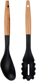 Kook/keuken gerei - set van 2x stuks - zwart/bruin - kunststof/hout - kook accessoires
