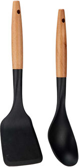 Kook/keuken gerei - set van 2x stuks - zwart/bruin - kunststof/hout - kook accessoires
