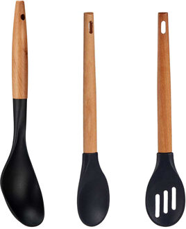 kook/keuken gerei - set van 3x stuks - zwart - hout/kunststof - keuken/kook accessoires - Soeplepels