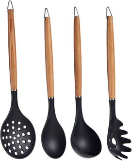 Kook/keuken gerei - set van 4x stuks - zwart/bruin - kunststof/hout - keuken/kook accessoires