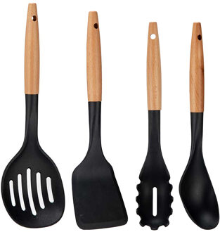 Kook/keuken gerei - set van 4x stuks - zwart/bruin - kunststof/hout - kook accessoires