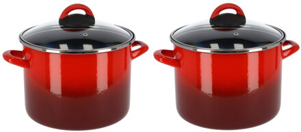 Kookpan/soeppan - Set van 2x stuks - rood - glazen deksel - D20 cm - 4,8 liter - RVS - pannen