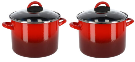 Kookpan/soeppan - Set van 2x stuks - rood - RVS - glazen deksel - 23 cm - 5,8 liter - pannen
