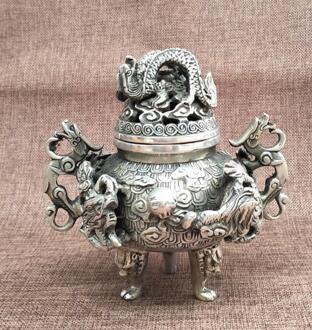 Koperen Standbeeld Messing Verzilverd Relief Uitgeholde Jiulong Wierookbrander Woondecoratie