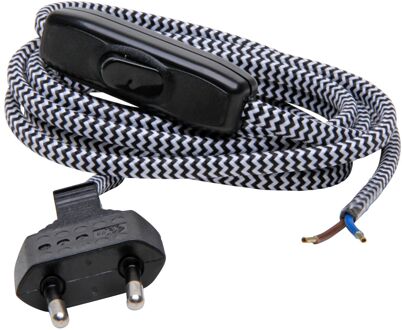 Kopp Aansluitkabel + Eurostekker / Snoerschakelaar 2m Textielsnoer Zwart / Wit