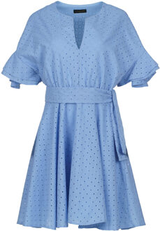 Koraal Geborduurde Jurk met Ruches Mouwen Blauw - L