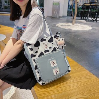 Koreaanse Grote Capaciteit Studenten Toevallige Emmer Zak Nylon Fluwelen Mode Meisje Een Schouder Cross-Body Bag Panelled handtas blauw met koe