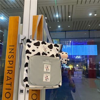 Koreaanse Grote Capaciteit Studenten Toevallige Emmer Zak Nylon Fluwelen Mode Meisje Een Schouder Cross-Body Bag Panelled handtas groen met koe