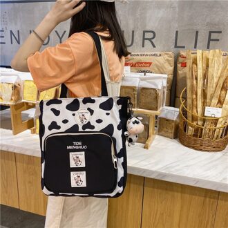 Koreaanse Grote Capaciteit Studenten Toevallige Emmer Zak Nylon Fluwelen Mode Meisje Een Schouder Cross-Body Bag Panelled handtas zwart met koe