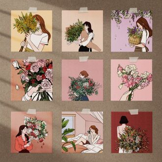 Koreaanse Ins Zachte Girl Bloem Illustratie Postcard Vierkante Bladwijzers Diy Decoratieve Kaart Kamer Muur Sticker Foto Props 9 Lakens