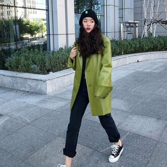 Koreaanse Losse Fit Effen Kleur Pu Leren Jas Revers Lange Mouwen Vrouwen Jas Mode Tij Voorjaar Leren Jas PY137 groen / S