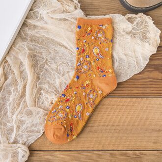 Koreaanse Mode Afdrukken Sokken Resto Kleurrijke Bloemen Mid-Buis Katoen Sox Lente En Herfst Meisjes Kappy Streetwear Sok geel