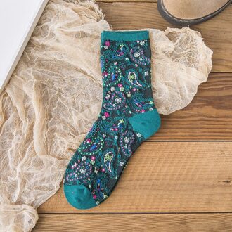 Koreaanse Mode Afdrukken Sokken Resto Kleurrijke Bloemen Mid-Buis Katoen Sox Lente En Herfst Meisjes Kappy Streetwear Sok groen