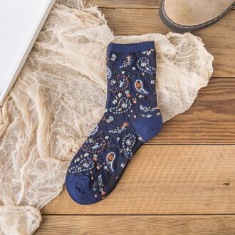 Koreaanse Mode Afdrukken Sokken Resto Kleurrijke Bloemen Mid-Buis Katoen Sox Lente En Herfst Meisjes Kappy Streetwear Sok marine