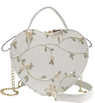 Koreaanse Mode Messenger Bag Vrouwen Hartvormige Lederen Keten Tas Dame Handtas Vrouwelijke Retro Schoudertas Bloemen Voor Meisjes Beige