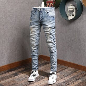 Koreaanse Stijl Mode Mannen Jeans Lichtblauw Borduurwerk Patches Ripped Denim Broek Streetwear Elastische Katoen Slanke Broek 28