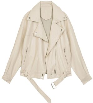 Koreaanse Stijl Vrouwen Herfst Lente Pu Leren Jas Oversized Effen Motorfiets Faux Lederen Jas Turn Down Kraag Met Sjerpen Beige / M