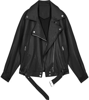 Koreaanse Stijl Vrouwen Herfst Lente Pu Leren Jas Oversized Effen Motorfiets Faux Lederen Jas Turn Down Kraag Met Sjerpen zwart / S