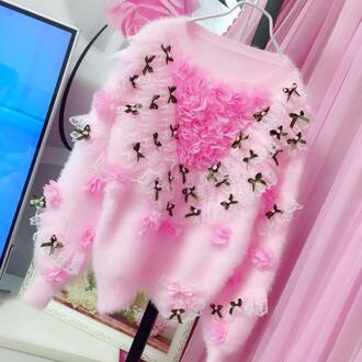 Koreaanse Trend Mesh Garen Stiksels Drie-Dimensionale Handgemaakte Bloem Roze Gebreide Trui Meisjes Zoete Korte Knitwear Losse Tops