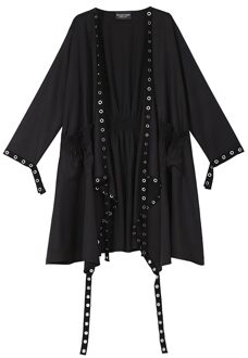 Koreaanse Vrouw Solid Black Unieke Cape Stijl Jas Open Big Size Lange Tape Metalen Gaten Dames Losse Jas mantel 3843