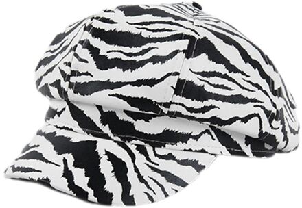 Koreaanse Vrouwen Kunstleer 8 Panelen Ivy Baret Cap Vintage Zebra Gestreepte Dier Patronen Leisure Achthoekige Cabbie Schilder Hoed 1