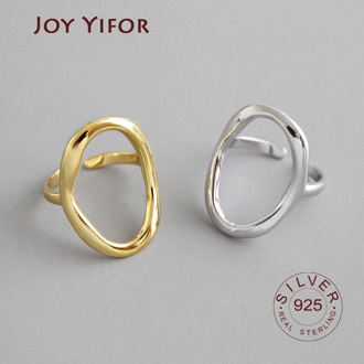 Korean version S925 sterling silver open ring INS simple geometric irregular hollow oval female adjustable punk party