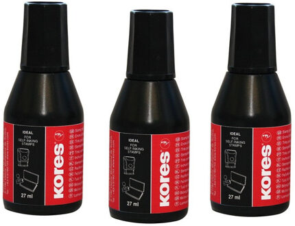 Kores Inkt - 3x - flesje navulling voor stempelkussens - zwart - 27 cm