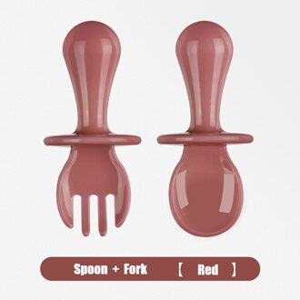 Korte Handvat Veiligheid Pp Baby Training Voeden Lepel Vork Set Food Grade Baby Gebruiksvoorwerpen Kind Peuter Leren Eten Lepel Bestek Garnet rood