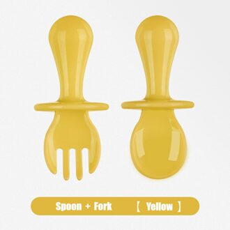 Korte Handvat Veiligheid Pp Baby Training Voeden Lepel Vork Set Food Grade Baby Gebruiksvoorwerpen Kind Peuter Leren Eten Lepel Bestek geel