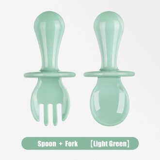 Korte Handvat Veiligheid Pp Baby Training Voeden Lepel Vork Set Food Grade Baby Gebruiksvoorwerpen Kind Peuter Leren Eten Lepel Bestek licht groen