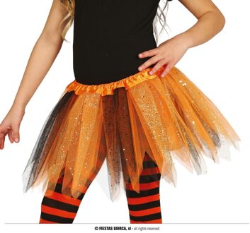 Korte heksen verkleed tule onderrok oranje/zwart 31 cm voor meisjes