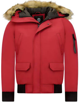 Korte Heren Winterjas – Met Faux Bontkraag – Rood - Maat: M