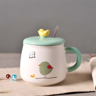Korte Leuke Vogel Patroon Keramische Mokken met Deksel Creatieve Klaarmaakte Mok Melk Koffie Thee Unieke Porselein Mokken 400 ml SH293-118