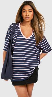 Korte Mouw V-Hals Gestreept T-Shirt, Navy - 34