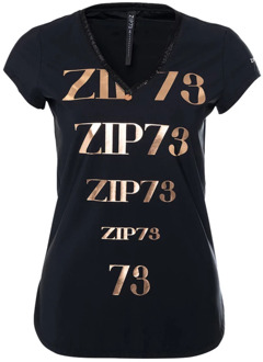 Korte Mouw V-Hals Top Zwart/Roze Print Zip73 , Black , Dames - L,S