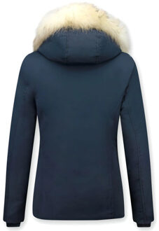 Korte winterjas met te echte bontkraag blauw Wit - XS