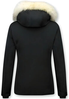 Korte winterjas met witte echte bontkraag Zwart - S