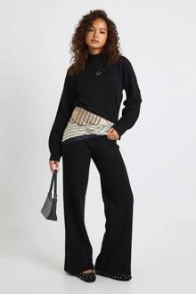 Kraag Detail Superzachte Gebreide Cropped Trui En Broek Met Wijde Pijpen Co-Ord, Black - 40