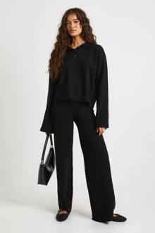 Kraag Met Knoopoverhemd Oversized Gebreide Trui En Rechte Pijpenbroek Set, Black - XL